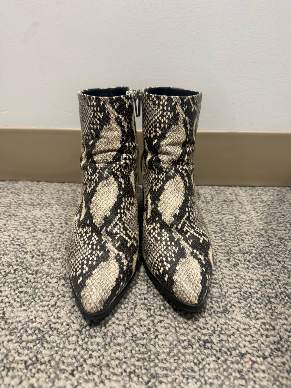 Madden Girl Snake-Print Pointed Ankle Boots in Black & Cream